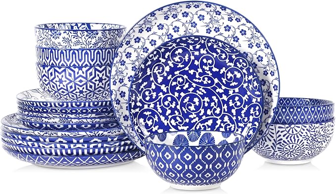 Selamica Ceramic Plates and Bowls Sets18 Pieces Retro Floral Dinnerware Sets for 6Dishwasher &amp Microwave Safe dish setFamily &amp Holiday Dining Vintage Blue