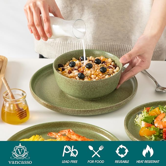 vancasso ZERMATT Stoneware Plates and Bowls Sets for 6 18 Pieces Dinnerware Set for Kitchen Chip Resistant Reactive Glaze Dishes Dishwasher &amp Microwave Safe Green