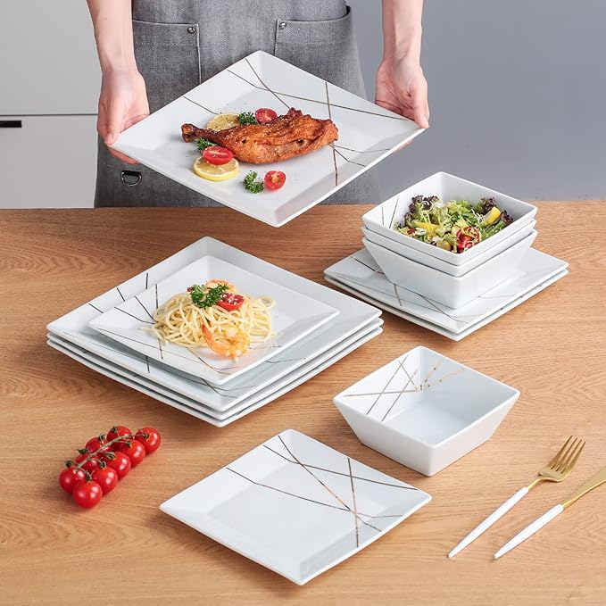 DOMINI 12-Piece Ceramic Kitchen Dinnerware Set Service for 4 Porcelain Dishes Dinner Set Square Dinnerware Sets with Dinner Plates Dessert Plates and Pasta BowlsWhite gold line