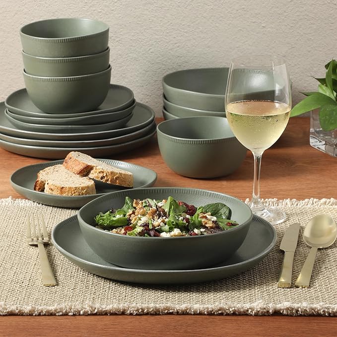Gibson Elite Menlo Park 16-Piece Pottery Clay Stoneware Dinnerware Set – Green Reactive Glaze Organic Shape Embossed Plates and Bowls W/Pasta Bowl Service for 4 – Microwave &amp Dishwasher Safe