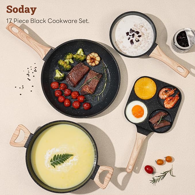 17 Pcs Pots and Pans Set Non Stick Kitchen Cookware Sets Nonstick Induction Cookware Non-toxic Black Granite Cooking Tools with Stay-Cool Handles Pot Protectors (PFOS/PFOA Free)