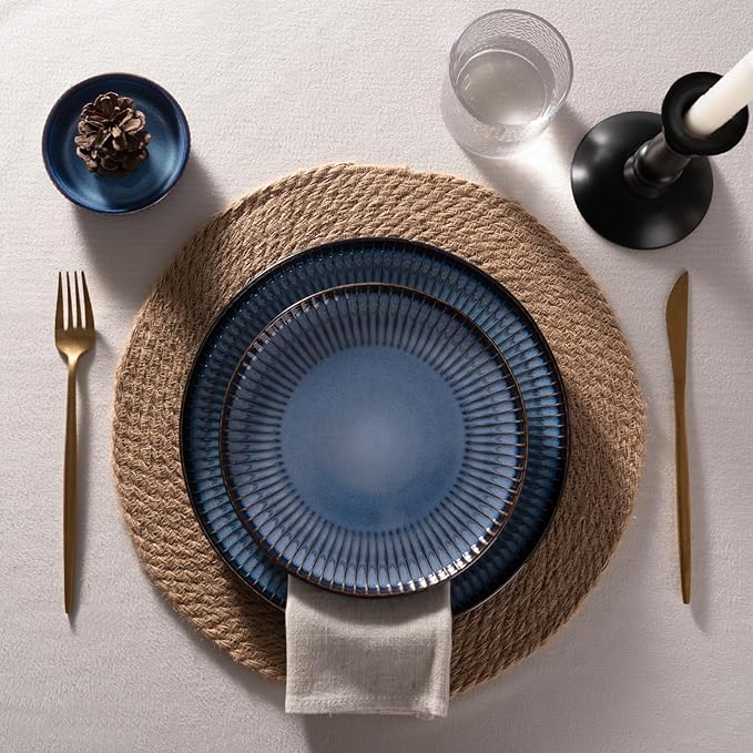 Famiware Starlight Plates and Bowls Dishes Set of 6 (18 Pieces) Ribbed Textured Stoneware Dinnerware Sets- Dishwasher &amp Microwave Safe Chip &amp Scratch Resistant Starry Blue