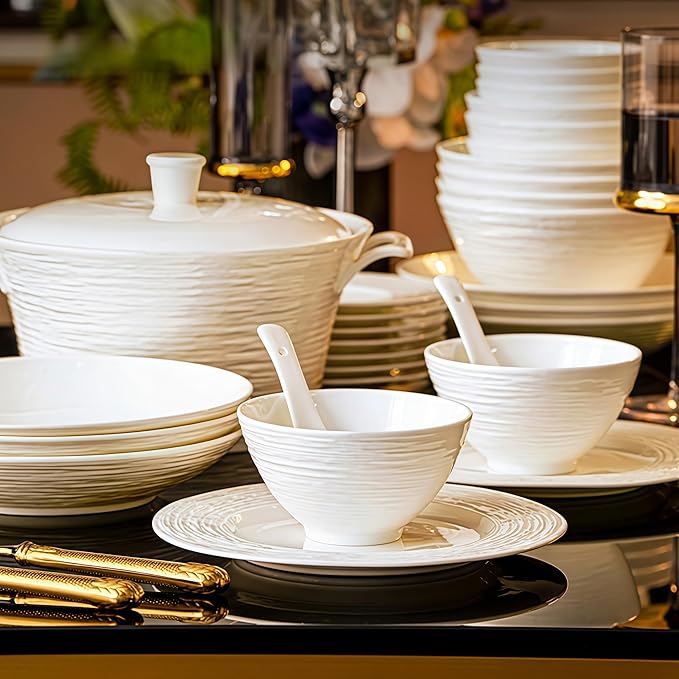 Fine Bone China Dinnerware Set Porcelain &amp Ceramic Dinnerware Sets Bone Stoneware &amp Ceramic Cookware Tableware Set Includes Dinner Plates|Spoons|Pasta Bowls|Soup Pot|Chopsticks (48 Pcs)
