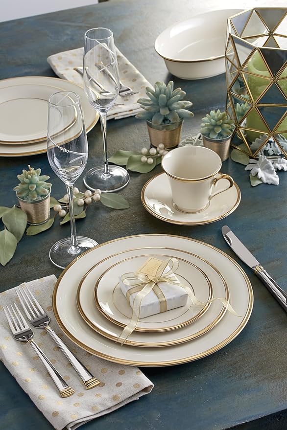 Lenox Dinnerware Set Eternal 5-Piece Place Setting 24-Karat Gold Accents Set Service for 1 Made Of Ivory Porcelain Dishwasher Safe Plates Cups And Saucers Home And Kitchen (Ivory 5 Pcs)