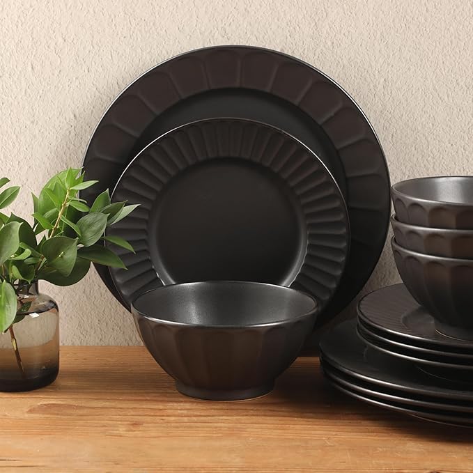 Gibson Elite Winchester Way 12-Piece Embossed Stoneware Dinnerware Set – Reactive Matte Glaze Durable Lightweight-Tech Plates &amp Bowls Everyday Dish Set Microwave &amp Dishwasher Safe – Black
