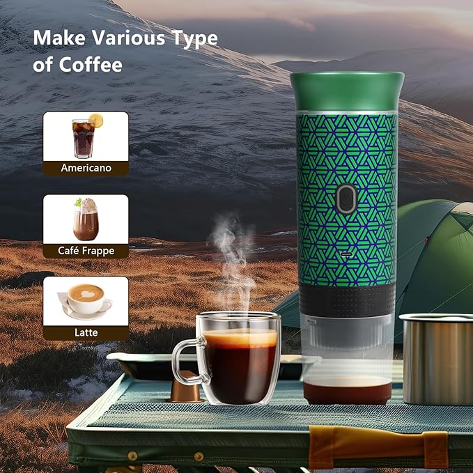 Coffee Maker Gift Set for CampingBattery Powered Portable Electric Espresso Machine Rechargeable Coffee Maker Self Heating Ground Coffee Capsule for RV Hiking (Green mix Black)