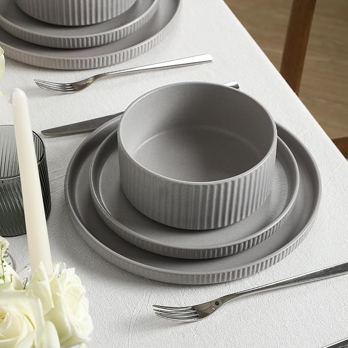 Stone Lain Haven Stoneware 24-Piece Dinnerware Set Grey - Plates and Bowls Sets for 8 Elegant Dish Set Includes Dinner Plates Salad Plates Cereal Bowls Microwave &amp Dishwasher Safe