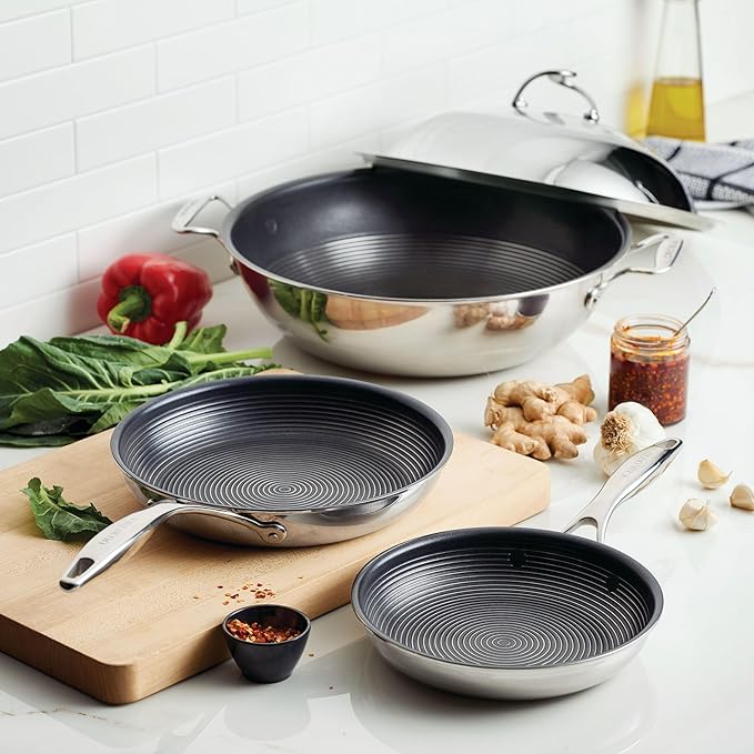 Circulon Clad Stainless Steel Induction Frying Pan and Wok Set with Hybrid SteelShield and Nonstick Technology 4 Piece - Stainless Steel