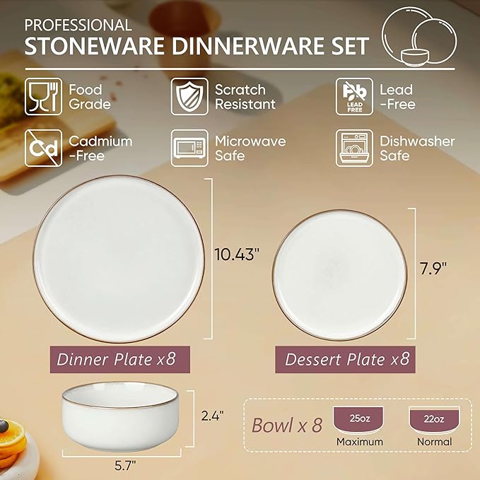 Herogo 24 Pieces Stoneware Dinnerware Dishes Sets for 8 Kitchen Handmade Dining Plates and Bowls Sets Double Reactive Glaze Microwave &amp Dishwasher Safe Scratch Resistant Ivory White