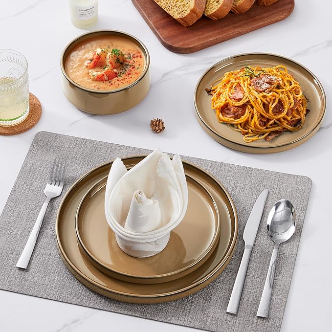 LIANYU 24 Piece Stoneware Dinnerware Sets Modern Plates and Bowls Dishes Set for 8 Elegant Dinning Dishware for Dinner Salad Cereal Dishwasher &amp Microwave Safe Amber Gold