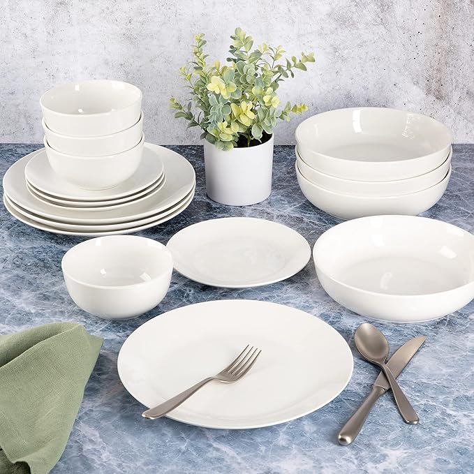 Gibson Home Gracious Dining Double Bowl Porcelain Chip and Scratch Resistant Dinnerware Set Service for 4 (16pcs) White (Coupe)