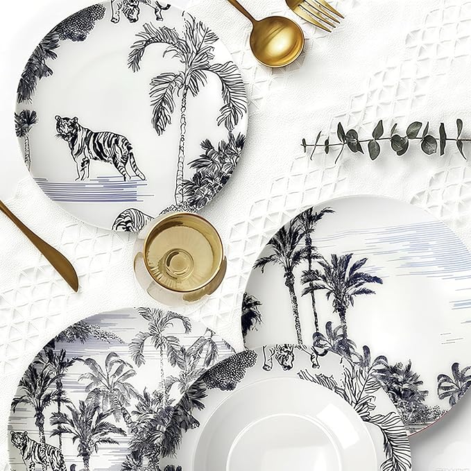 Bone china dinnerware set for 2 Plates set with dessert plates (6.5&amp8 inch) and dinner steak plate(10.5&amp12 inch) dishes set for home and kitchen forest animal pattern series 03