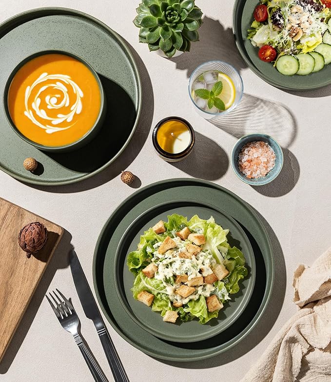 LERATIO Ceramic Dinnerware Sets for 4 High Edge Stoneware Plates and Bowls Set Chip and Crack Resistant | Oven &amp Dishwasher &amp Microwave Safe Dishes Set Service for 4 -Green