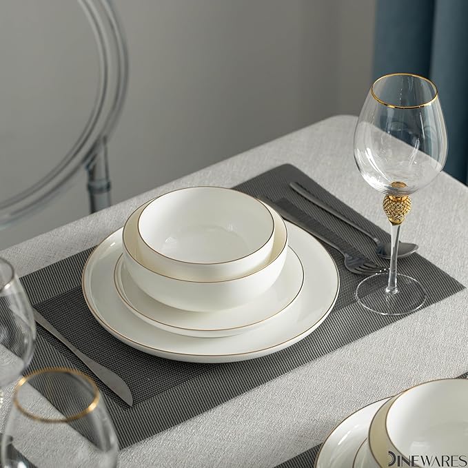 Perlaceo Luxurious Collection Bone China Dinnerware Set-Lightweight and Durable-Service for 4 or 8 Including Dinner Salad Plates and Cereal or Soup Bowls 16-Pc White w/Gold Rim