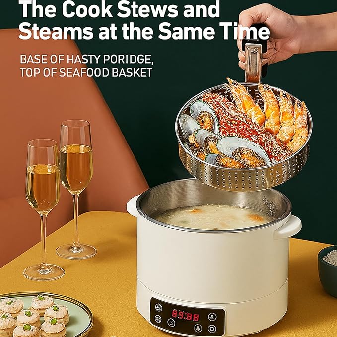 3L Low Sugar Rice Cooker with Lifting Steamer Basket Electric Stainless Steel Rice Maker Carb Reducing Fast Heating 3-Speed Touch Control Compact for Dorm Home Kitchen UseWhite