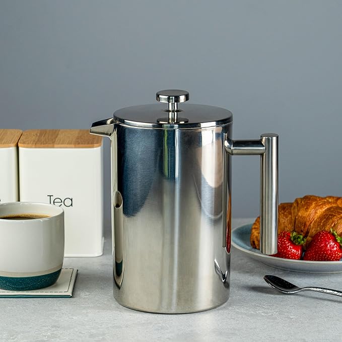 Grunwerg Caf茅 Ole 8 Cup Double Walled Straight Sided Cafetiere Coffee Maker Mirror 1000 ml/1 Litre
