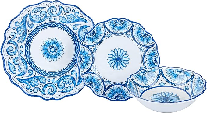 Veranda Melamine 12-Piece Dinnerware Set Service for 4 – Includes Dinner Plates Salad Plates and Bowls – Elegant Blue and White for Everyday Use Indoor/Outdoor Dining and Entertaining