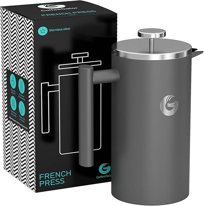 Coffee Gator 304 Grade Stainless Steel French Press Coffee Maker 34 oz Double Wall Insulated Hot Cold Brew Teapot with 4-Level Filtration System Include Travel Jar Canister Rust-Free Kitchen Gray