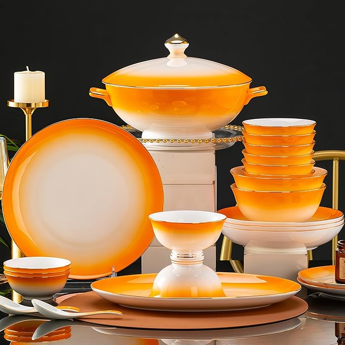70 Pcs Fine Bone China Dinnerware Set Porcelain &amp Ceramic Dinnerware Sets Bone Stoneware &amp Ceramic Cookware Tableware Set Includes Dinner Plates|Spoons|Pasta Bowls|Soup Pot|Chopsticks