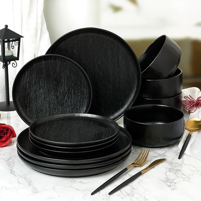 Joseph Sedgh Collection “Ari 12-piece Stoneware Dinnerware Set with Protective Glaze Finish Service for 4 Matt Black