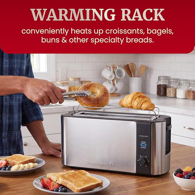 Elite Gourmet ECT3200 2-Slice 1 Long Slot Slim Toaster Reheat 6 Toast Settings Defrost Cancel Functions Built-in Warming Rack Extra Wide Slots for Bagels Waffles Stainless Steel &amp Black