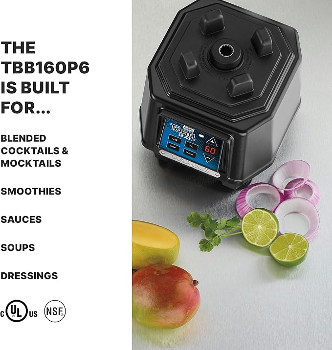 Waring Commercial TBB160P6 TORQ 2 Horsepower Blender Electronic Keypad with 60-Second Countdown Timer and a 64 oz. BPA Free Copolyester Container 120V 5-15 Phase Plug