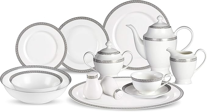 57-piece Dinnerware Set In Bone China (Service For 8) Silver Banded Formal Modern Contemporary Round 50 Piece Dishwasher Safe