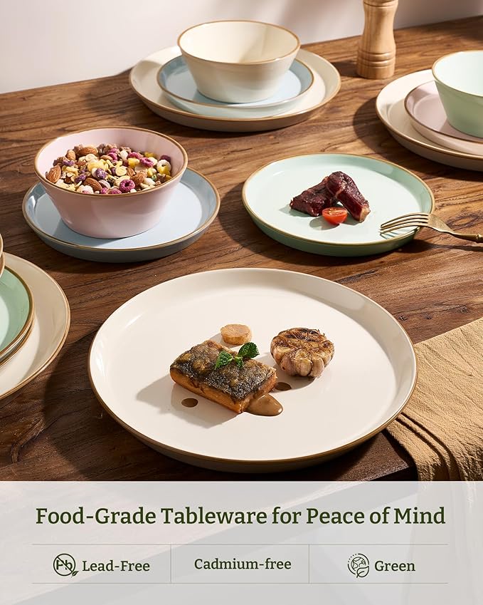 Famiware Saturn Dinnerware Sets Plates and Bowls Sets for 4 12 Pieces Stoneware Dish Set - Chip and Scratch Resistant Microwave and Dishwasher Safe Tableware Set Multi-color with Rim