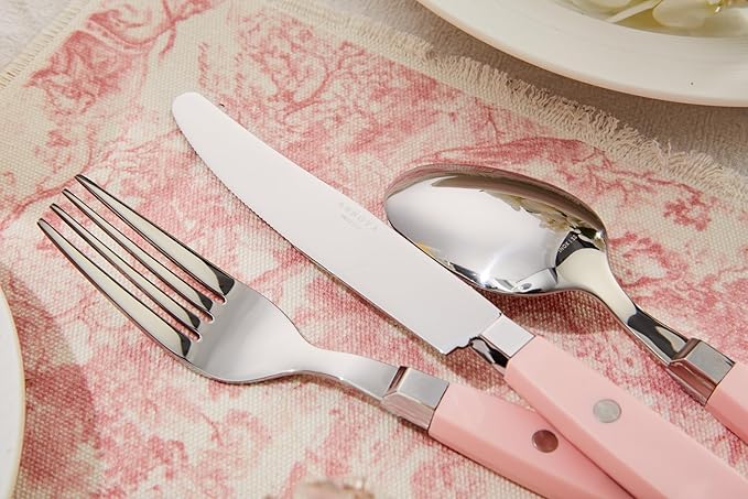 ANNOVA Silverware Set Retro/Rivet Colorful Stainless Steel Tableware Kitchen Flatware Set Utensils Includes Dinner Knives Forks Spoons Salad Forks &amp Dessert Spoons (Light Pink 20 Pieces)
