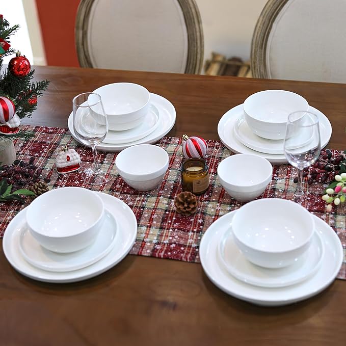 HAPPY KIT 12 Pieces Porcelain Dinnerware Set Serving Plates and Bowls Set for 4 Chip and Scratch Resistant White Kitchen Dishware Sets Thick-edge Non-slip Design