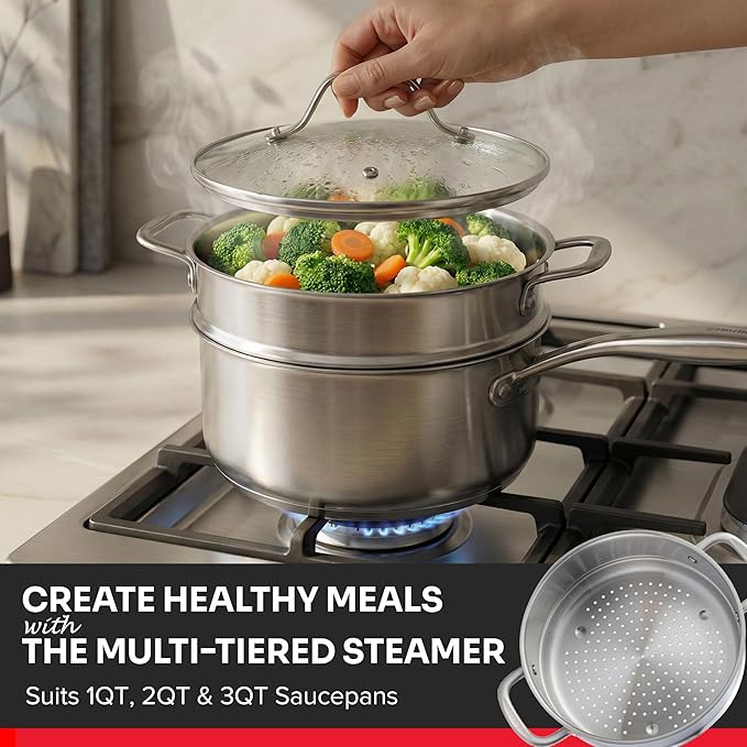 Mueller 17-Piece Stainless Steel Pots and Pans Set – Tri-Ply Ultra-Clad Pro Cookware Set Induction Ready Oven Safe Even-Heat Aluminum Core Includes Skillets Saucepans Dutch Oven Stockpot