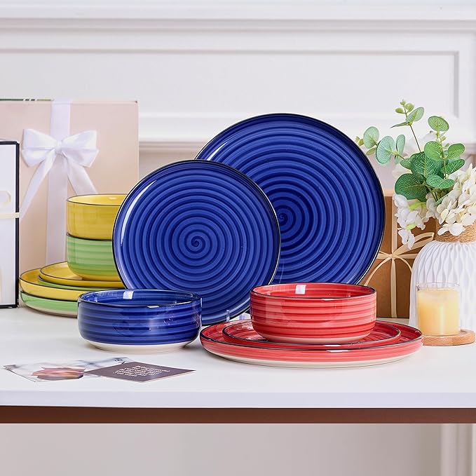 Bonita Dinnerware Sets 12 Pieces Blue Stoneware Dishes Set for 6 Plates Set and Bowls Sets Dishwasher and Microwave Safe