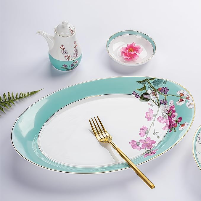 Fine Bone China Dinnerware SetPorcelain&ampCeramic Dinnerware SetsBone Stoneware &amp Ceramic Cookware Tableware Set Includes Dinner Plates|Spoons|Pasta Bowls|Soup Pot|Chopsticks (26PCS * 6-Person