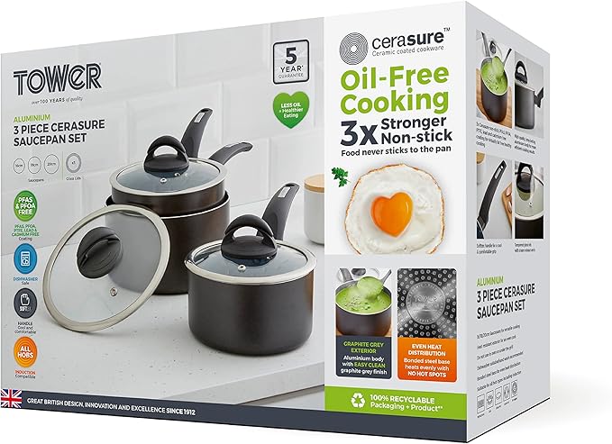 Tower Cerasure Non Stick Saucepans Sets With Lids Stay Cool Handles Graphite 3 Piece Set 16/18/20 cm