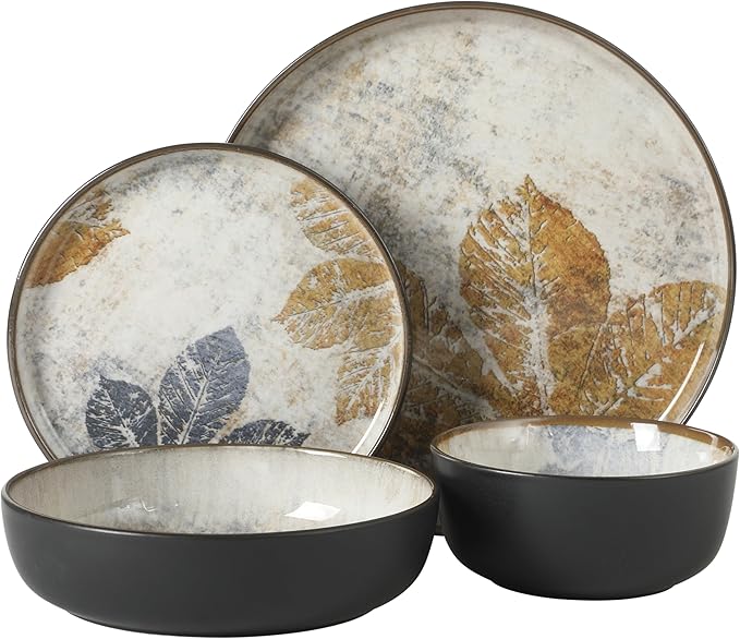 Gibson Elite Chantilly Hill 16-Piece Porcelain Dinnerware Set Round Plates &amp Bowls Multicolor Leaf Design Microwave &amp Dishwasher Safe Service for 4