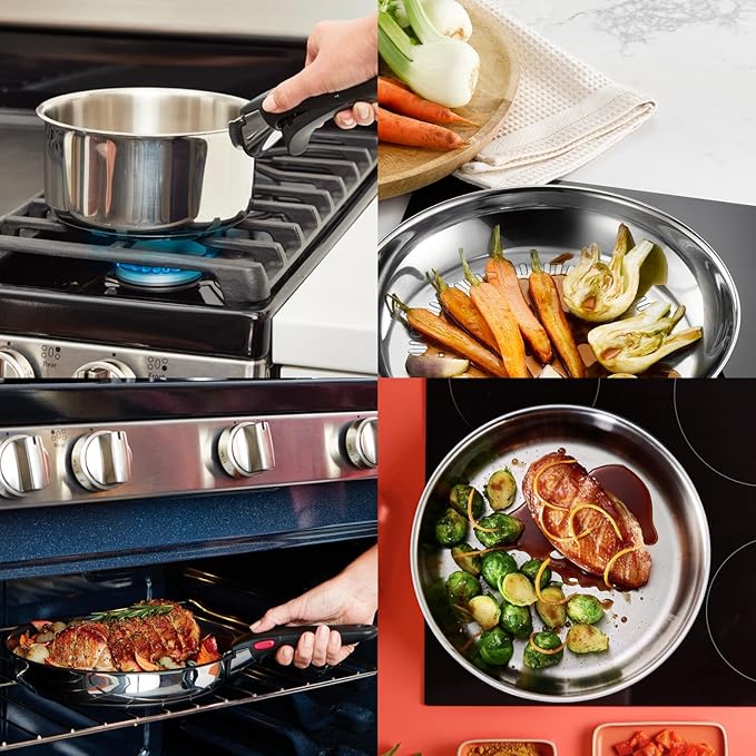 Tefal Ingenio Preference ON Saucepan Set 7 Pieces Stackable Removable Handle Space Saving Non-Stick Induction Stainless Steel L9749702
