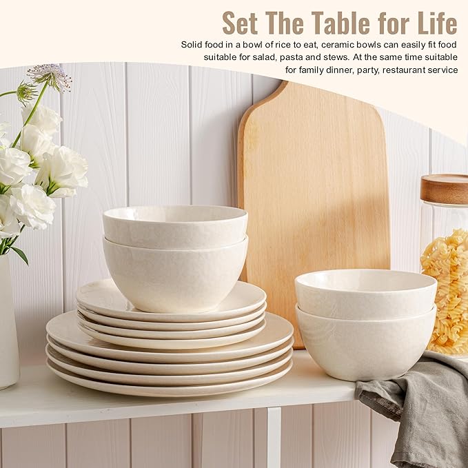 Plates and Bowls Sets12 Pieces Beige Dinnerware Sets for Kitchen Reactive Glaze Dishes Set for 4 Dishwasher and Microwave Safe Series Starflecked Shore (Beige)