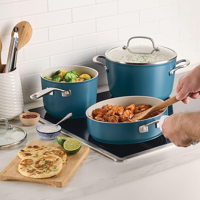 KitchenAid Hard Anodized Ceramic Induction Pots and Pans Dishwasher Safe Includes Saucepans Stockpot Sauté Pan Frying Pans/Skillets and Lids 10 Piece Cookware Set - Agave Blue