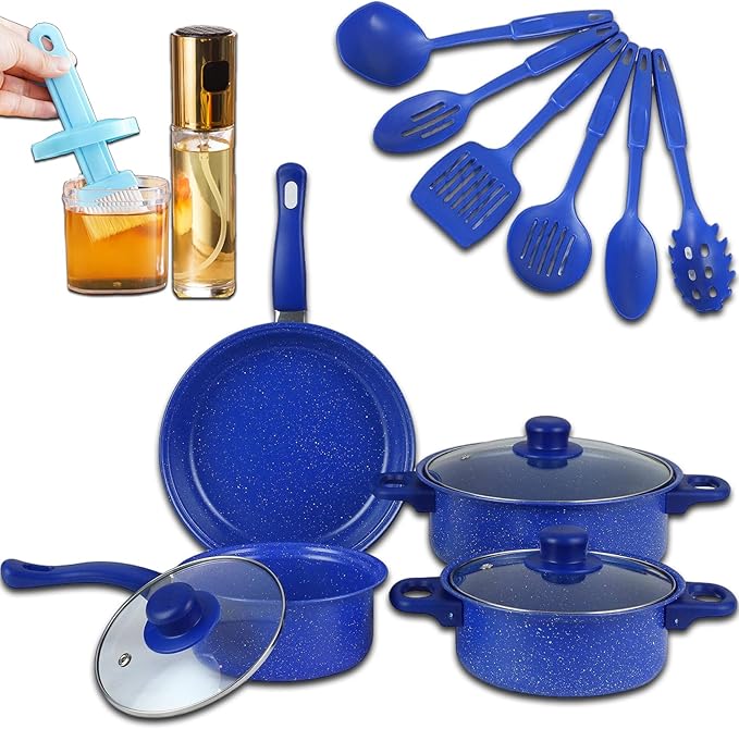 7-Piece Non-Stick Aluminum Cookware Set - Pots and Pans Pot &amp Pan Sets Nonstick with Lids for Frying Boiling Stewing &amp Sauteing (Deep Blue)