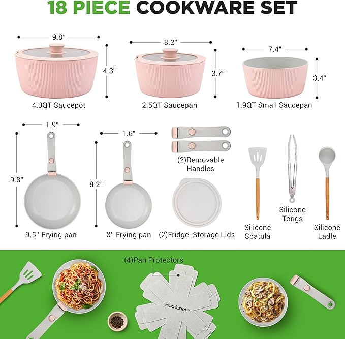 NutriChef 18-Piece Ceramic Cookware Set with Detachable Handles Non Stick Pots and Pans PTFE-Free Natural Ceramic Coating Space-Saving Design Oven &amp Stove Safe Includes Utensils Pink
