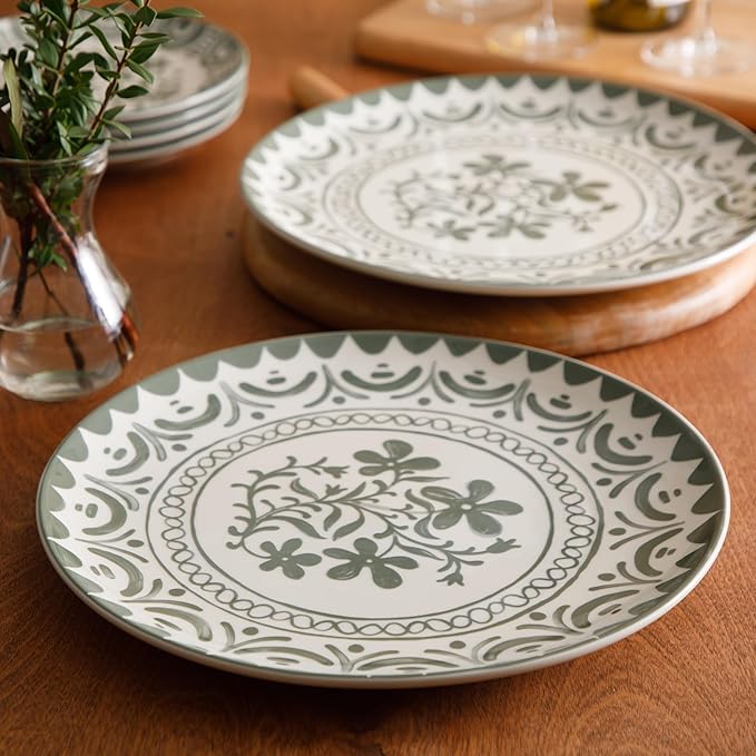 Bloomhouse - 2-Time Oprah’s Favorite Things - Valencia Flor 2 Piece 13” Serving Platter Set Stoneware Platters Mediterranean Floral Decal Design Microwave &amp Dishwasher Safe Fern Green