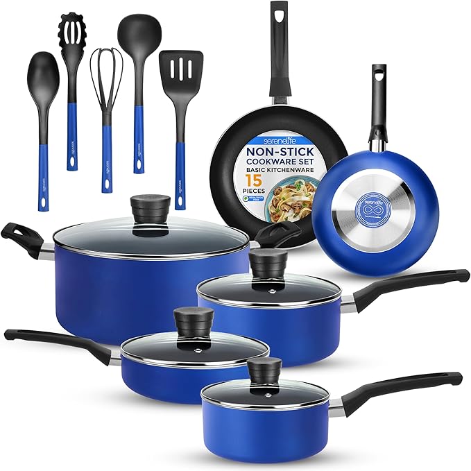 SereneLife 15-Pc Blue Nonstick Cookware Set Heat-Resistant Pots &amp Pans Set with Lids Dishwasher Safe Includes Matching Utensils