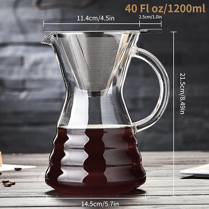Unbreakable - Pour Over Coffee Maker with Permanent Stainless Filter 40 fl oz Thickened Heat-Resistant Borosilicate Glass Dripper Coffee Brewer Stovetop Safe