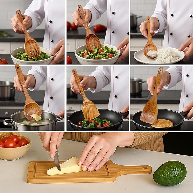 Teak Wooden Cooking Spoons Set -8-Piece Nonstick Cookware - Handmade Wooden Teak-Bamboo Charcuterie Board With Knife - Wooden Kitchen Utensils Ideal Gift Set For WeedingBirthday