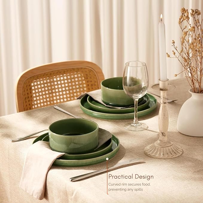 Ceramic Dinnerware Set by Vase and Vessel 12-Piece Service for 4 9.8” Dinner Plates 8” Salad Plates 20 oz Bowls Ombre Reactive Glaze Durable Stoneware Microwave &amp Dishwasher (Moss Green)