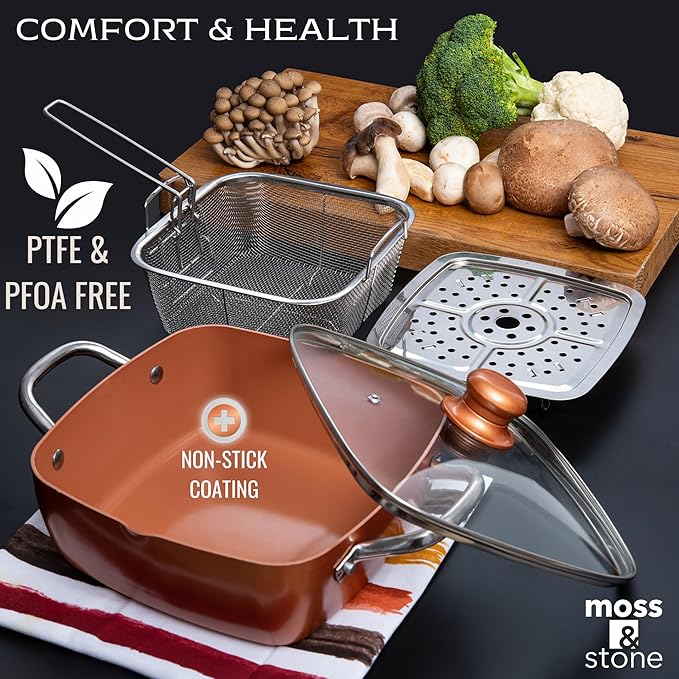Moss &amp Stone 6 Pcs Copper Chef Cookware Non Stick Deep Frying Pan 9.5 x 3.5 Fry Basket Steamer Rack Dishwasher &amp Oven Safe 5 Qt Deep Square Pot &amp Non Stick Pan Induction Copper Cook