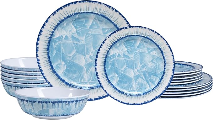 18 pcs Melamine Dishes Dinnerware Sets Lightweight Dinner Dish Set for Indoor and Outdoor Use Unbreakable Kitchen Plates and Bowls SetService for 6 Dishwasher SafeLight Blue