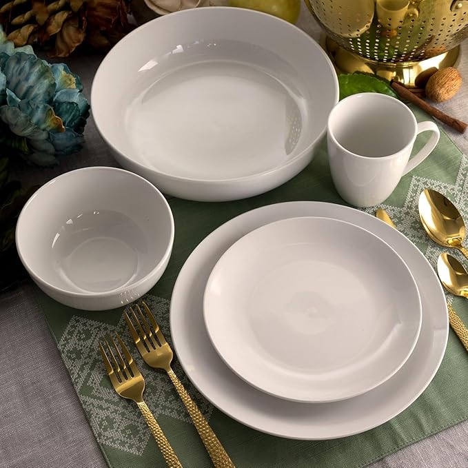 18 Piece White Porcelain Dinnerware Set with 2 Serving Bowls – Service for 4 Microwave &amp Dishwasher Safe Plates and Bowls