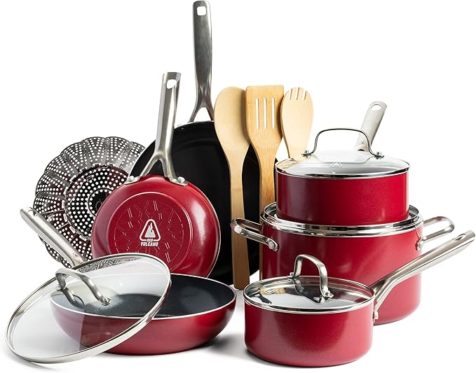 Textured Ceramic Nonstick 14 Piece Cookware Pots and Pans Set with Stainless Steel Handles PFAS PFOA &amp PTFE Free Dishwasher Safe Oven &amp Broiler Safe to 600 Degrees Red