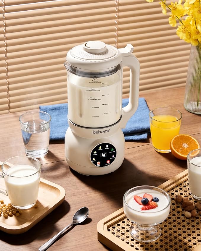 Behome Nut Milk Maker – Glass Plant Milk Machine for Almond Oat &amp Soy Milk Self-Cleaning Vegan Milk Maker with No-Soak Beans Delay Start &amp Keep Warm Dairy-Free Beverage Maker 110V